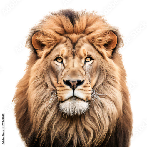 The face of a male African lion  looking straight into the camera. Isolated on transparent background