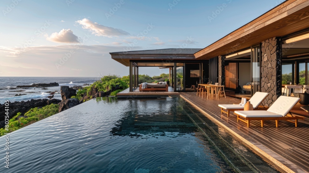 Fototapeta premium A boutique hotel in Iceland, designed with sustainability in mind, offering guests an eco-luxury experience amidst stunning natural landscapes