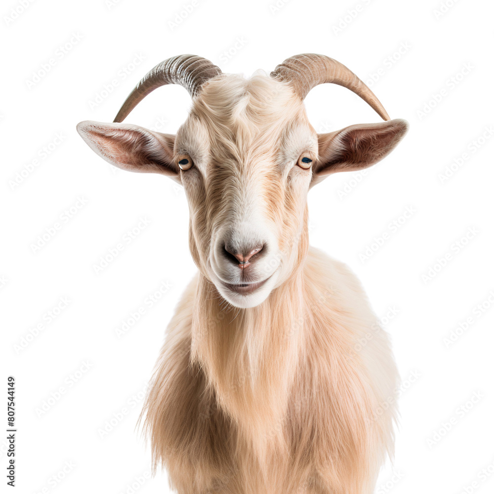 Portrait of a goat close up, front view, isolated on white background