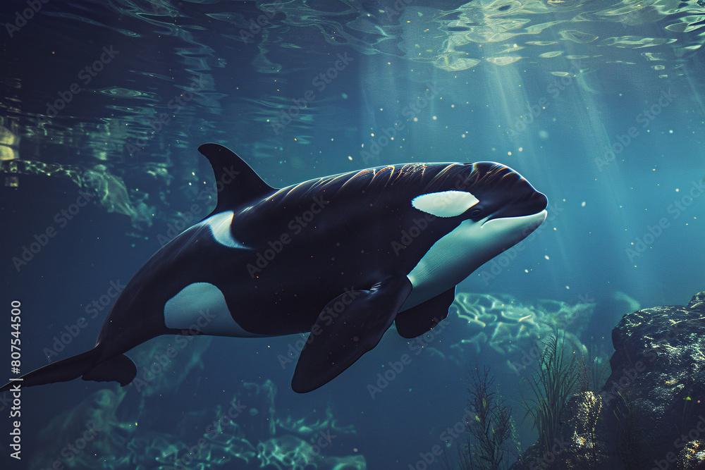 Orca in the Sunlit Depths: A majestic Orca, sleek and powerful, glides through sun-drenched waters, its black and white markings shimmering in the light. The serene beauty of the underwater world is c Orca in the Sunlit Depths: A majestic Orca, sleek and powerful, glides through sun-drenched waters, its black and white markings shimmering in the light. The serene beauty of the underwater world is c