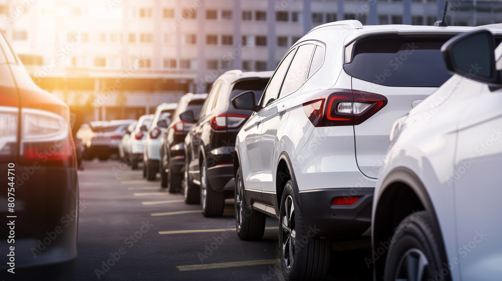 Row of new SUV vehicles in dealership parking lot, Cars parked in line side and rear view, Elegant car dealer inventory