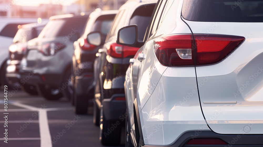 New modern SUV cars parked at dealership, Exterior view of black and white shiny vehicles tail lights in parking lot