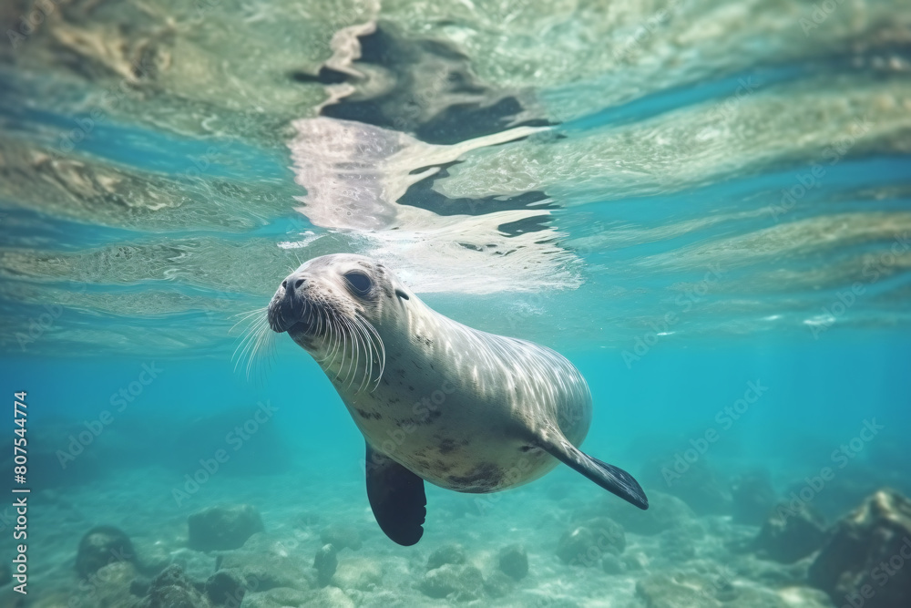 Fototapeta premium Sea Lion Underwater: A curious sea lion, its whiskers twitching, swims through crystal-clear blue water, creating a mesmerizing underwater scene. Its inquisitive gaze invites viewers to explore the be