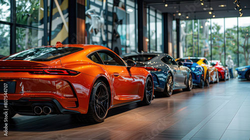 A new car showroom displays luxurious and beautiful vehicles. The gleaming exterior and luxurious interior invite you to experience riding in style. A new car warehouse is on hand.