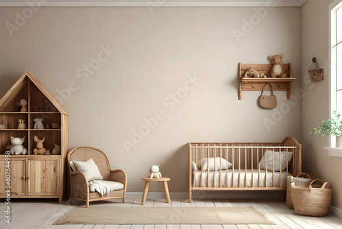 Children room with natural wooden furniture, wall mockup in Farmhouse style interior background, 3D render