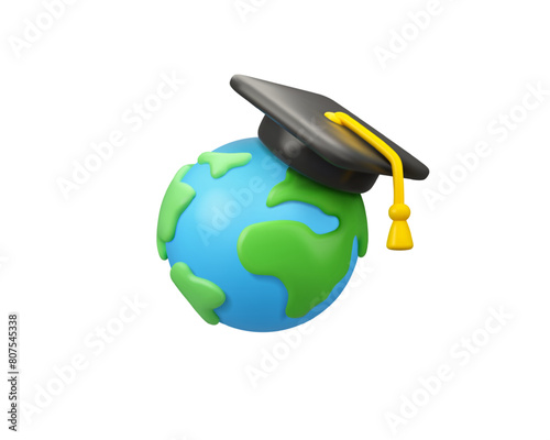 Study abroad vector 3d icon. Earth globe with graduation cap in simple style, isolated on white background. Back to school or exchange student cartoon concept.