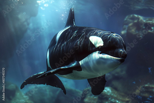 A orca killer whale swims underwater in a large aquarium, showcasing its predatory nature amidst vibrant coral photo