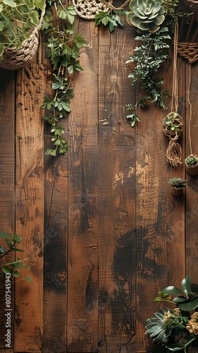 Rustic wooden background wedding invitation blank mockup, decorated with macrame and succulents, tailored for a laidback boho wedding