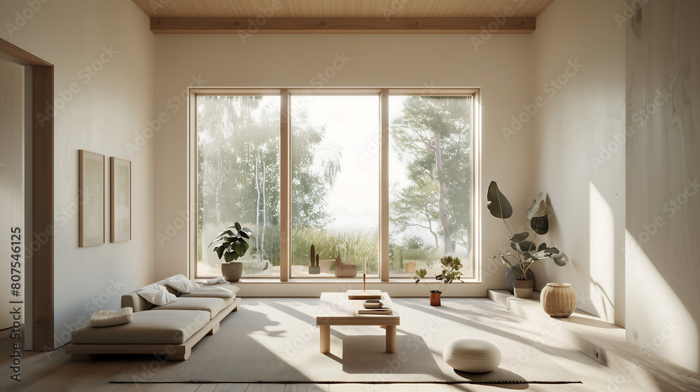 interior desgin, minimalist living room with a large window, beige sofa, wooden coffee table, various plants, artwork on the wall, and a woven rug on a light wooden floor