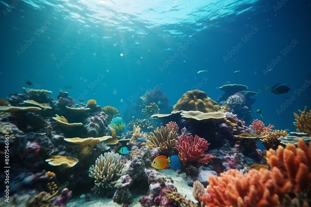 Obraz premium Underwater Diver Explores Vibrant Coral Reef in the Red Sea