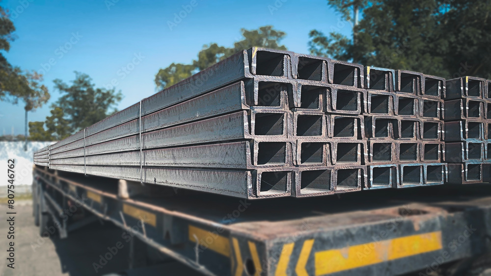 Square metal pipe pile, steel gutter, angle steel, construction products Background idea or introduction of steel products.