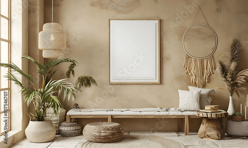 modern room infused with nomadic boho charm against a rustic beige backdrop with a white frame for mockup