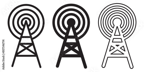 Radio tower icon set. Internet and mobile connection. Linear style. Signal set vector icons. Radio signals waves and light rays, radar, wifi, antenna and satellite signal symbols. 11:11