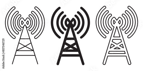 Radio tower icon set. Internet and mobile connection. Linear style. Signal set vector icons. Radio signals waves and light rays, radar, wifi, antenna and satellite signal symbols.