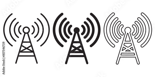 Radio tower icon set. Internet and mobile connection. Linear style. Signal set vector icons. Radio signals waves and light rays, radar, wifi, antenna and satellite signal symbols. 11:11 photo