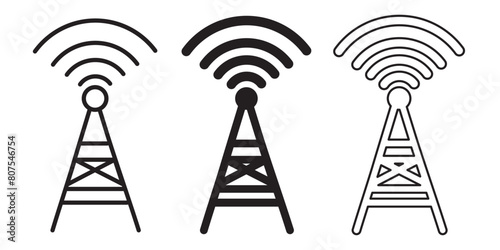 Radio tower icon set. Internet and mobile connection. Linear style. Signal set vector icons. Radio signals waves and light rays, radar, wifi, antenna and satellite signal symbols.