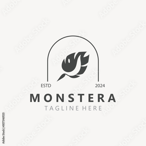 Monstera deliciosa leaf nature logo design, flat plant icon design illustration template