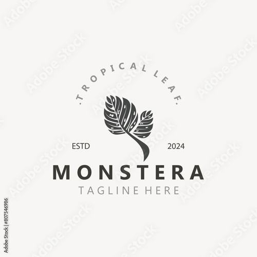 Monstera deliciosa leaf nature logo design, flat plant icon design illustration template
