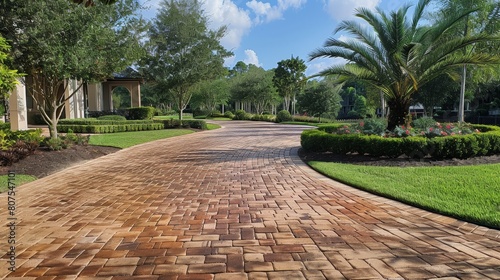 Durability and appearance for new home brick driveway with protective sealant  photo