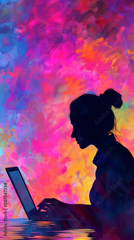 background abstract, digital art. business woman and laptop.