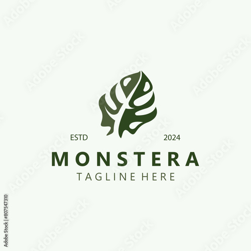 Monstera deliciosa leaf nature logo design, flat plant icon design illustration template