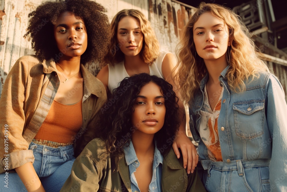 Fototapeta premium diverse group of young women models posing with modern clothes, portrait of fashion girls looking at camera with confidence