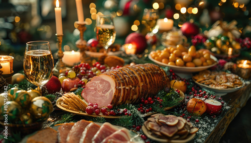 A beautifully set table with traditional Christmas dishes, including juicy roasting beef and rich deepfried potatoes, all adorned by the glow of warm lighting. Created with Ai photo