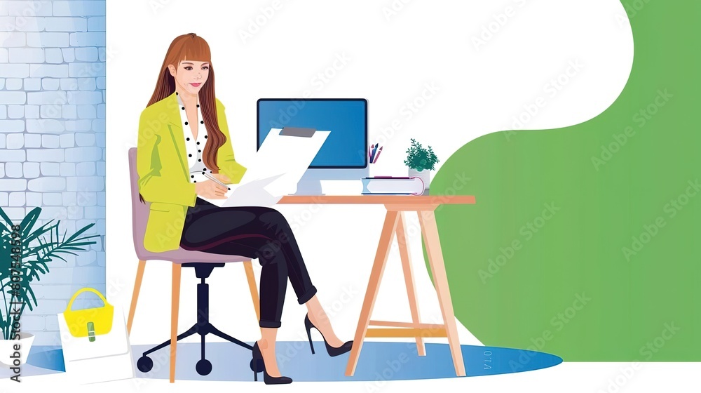 A professional woman in a green blazer is sitting at her desk, reviewing a document A professional woman in a green blazer is sitting at her desk, reviewing a document