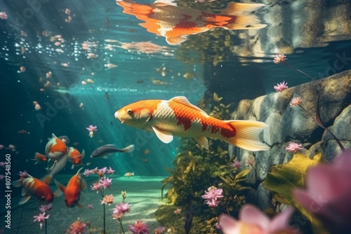 Orange and white koi carp swim in a Japanese garden pond