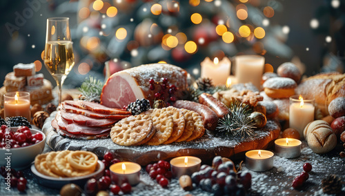 Christmas table with various delicacies, sliced ham and cold cuts in the center of the table surrounded by cookies. Created with Ai
