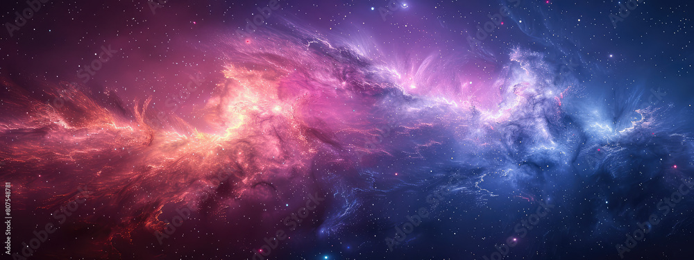 A vibrant background of swirling cosmic clouds, with deep purples and blues creating an otherworldly atmosphere. Created with Ai
