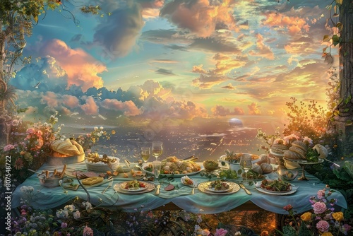 Immerse in an Impressionist world where Cybersecurity Trends and Culinary Arts collide in a panoramic view Showcase digital CG 3D elements blending with oil-painted dishes under a