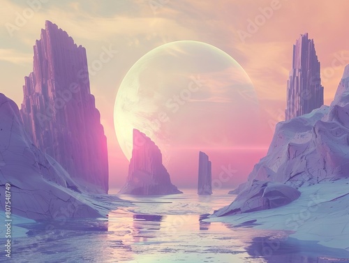 Explore minimalist designs in fantasy realms with unexpected camera angles Envision ethereal landscapes with sleek  futuristic elements and swirling  otherworldly colors
