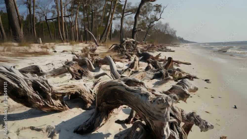 Beach with lot of driftwood on sand Beach with lot of driftwood on sand