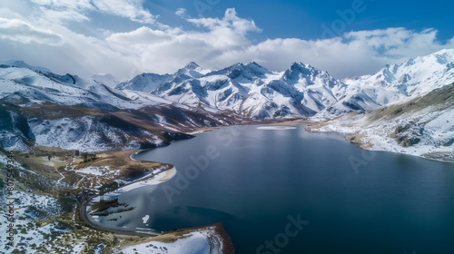 Scenery of high mountains with lakes and snow-capped peaks. Snow landscape on winter mountain and lake.