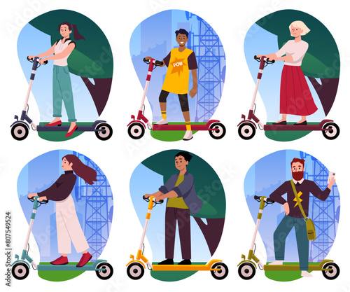 Happy people on electric scooters, vector illustration isolated on white