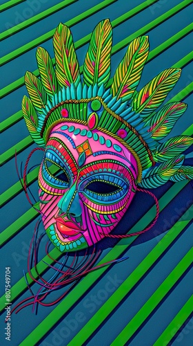 Carnival Mask  Vibrant Feathers  Festive Spirit and Mystery  Brazilian Carnival  Rainforest Atmosphere  Photography  Backlights  Vignette  High-angle view