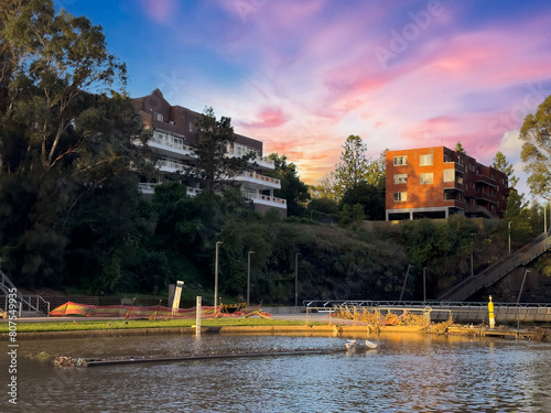 residential appartments on Parramatta River at Sunset with colourful skies Sydney NSW Australia