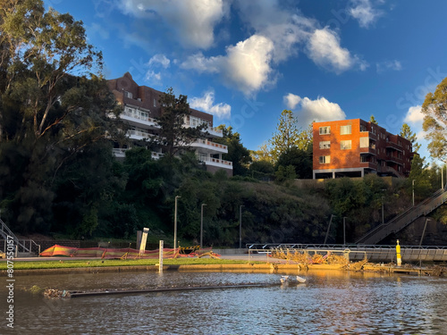 residential appartments on Parramatta River at Sunset with colourful skies Sydney NSW Australia