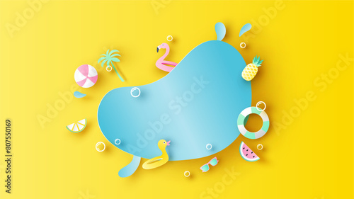 Sea water splash decorated with beach equipment and blank space. Summer vacation. Summer time. paper cut and craft style. vector, illustration.