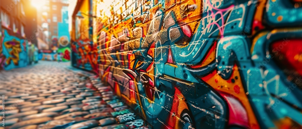 Graffiti, vibrant colors, city walls transformed into vivid masterpieces, showcasing diverse styles Realistic, golden hour, Depth of field bokeh effect, Close-up shot