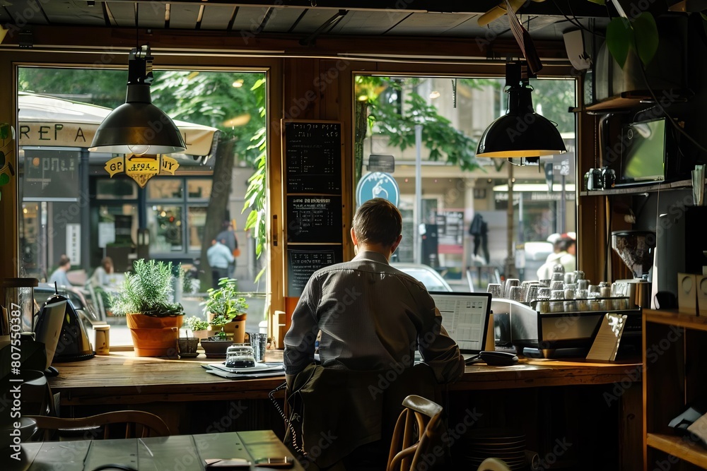 Businessman working remotely from a cafe