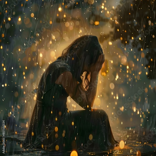 fantasy woman crying on her knees in the rain outsite photo