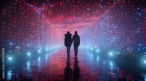 Couple walking under vibrant light tunnel installation  silhouette against glowing backdrop