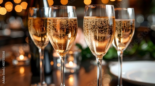 Row of filled champagne glasses on a festive table setting photo