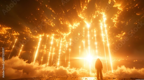 Mysterious Figure Standing Before a Fiery Sky with Falling Sparks