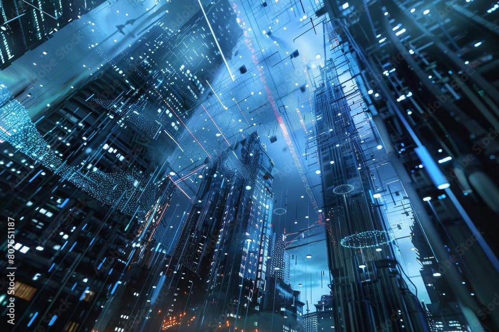 Cybernetic cityscape with interconnected data flow lines, depicting smart city technology Cybernetic cityscape with interconnected data flow lines, depicting smart city technology