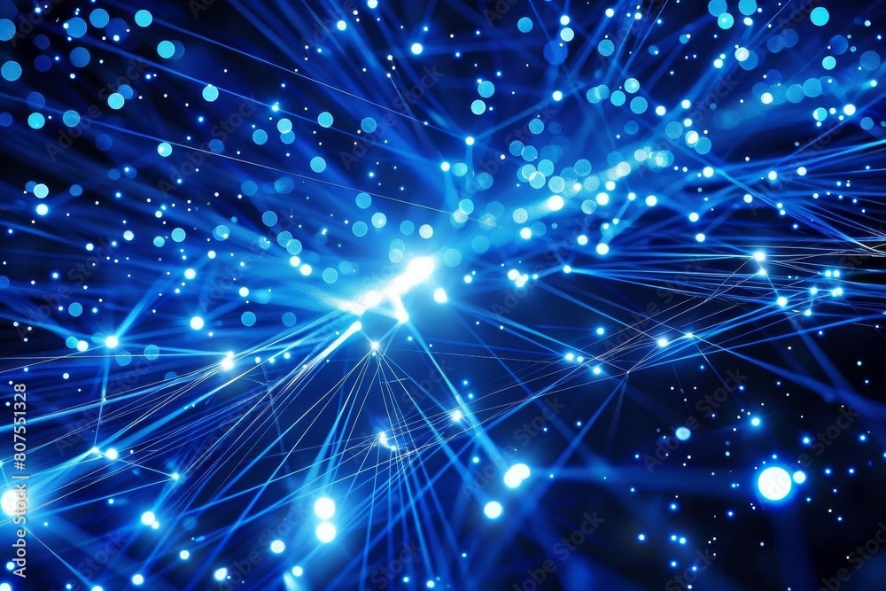 Fototapeta premium Deep blue nodes connected by light beams, illustrating robust digital communication