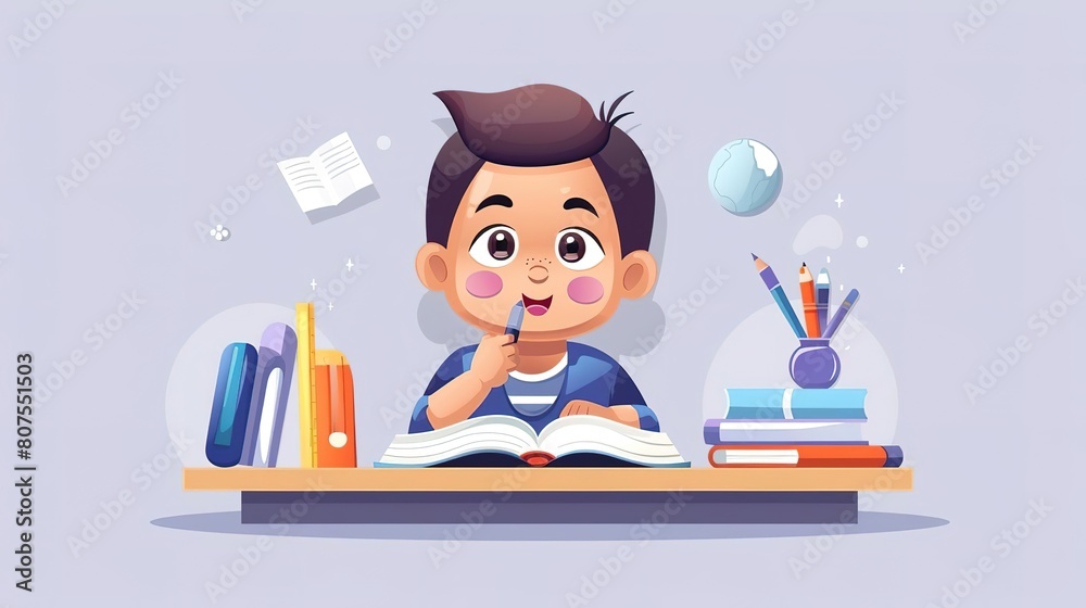 A young student is sitting at his desk, reading a book. He is wearing a blue shirt and has a thoughtful look on his face. There are books and pencils on the desk.