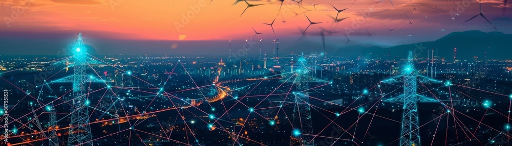 Fototapeta premium Concept Sustainable Energy : Driven Power Grid at Twilight Sustainable Energy, IoT Technology.